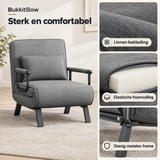 BukkitBow slaapstoel met bedfunctie, 3-in-1, 5 rugstanden en lengte 190 cm, detail van het materiaal en ontwerp.