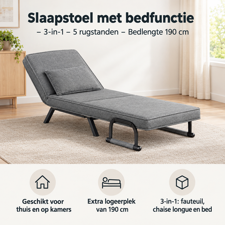 BukkitBow slaapstoel met bedfunctie, 3-in-1, verstelbare rugstanden en 190 cm bedlengte, geschikt als praktische slaapoplossing