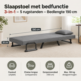 BukkitBow slaapstoel met bedfunctie, 3-in-1 ontwerp, 5 rugstanden, bedlengte 190 cm, zichtbaar in de afbeelding