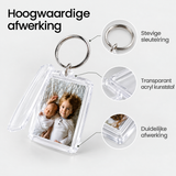 Detail van materiaal en afwerking van sleutelhanger met fotohouder