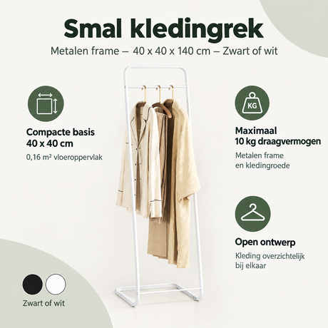 Overzicht van smal kledingrek met de belangrijkste productvoordelen