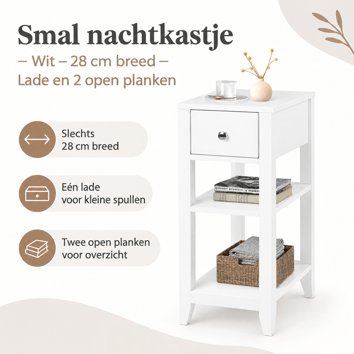 Wit klein nachtkastje van BukkitBow, 28 cm breed met lade en twee open planken, ideaal voor slaapkameropbergruimte.