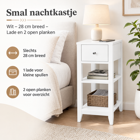 Smal wit nachtkastje van BukkitBow met 28 cm breed, lade en twee open planken, perfect voor kleine slaapkamers
