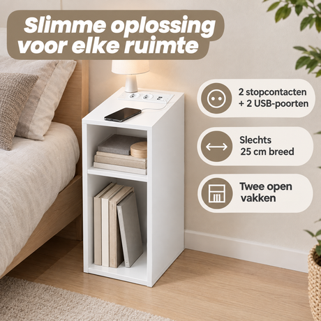 Wit nachtkastje van BukkitBow met stopcontact en 2 USB-poorten, 25 cm breed, geschikt voor praktische slaapkameropslag.