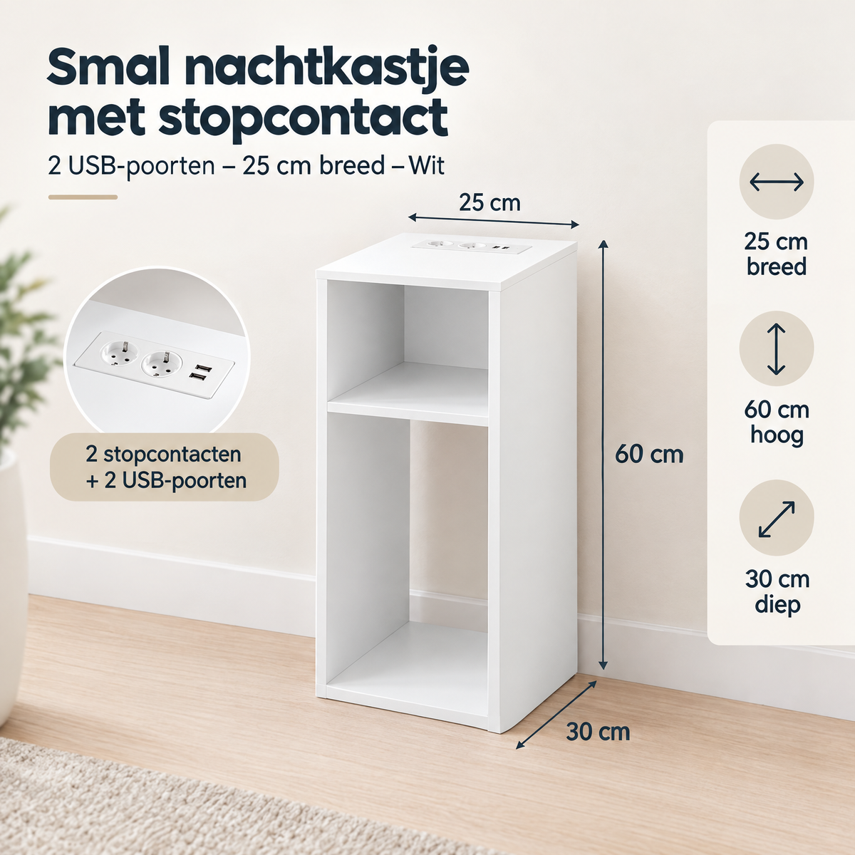 Wit nachtkastje van BukkitBow met stopcontact, 2 USB-poorten en een breedte van 25 cm, geschikt voor kleine slaapkamers.