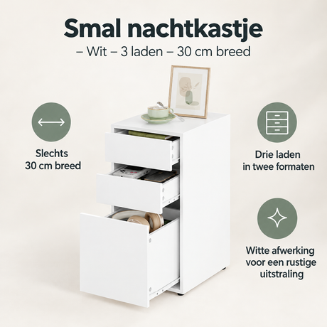 Smal wit nachtkastje van BukkitBow met 3 lades, 30 cm breed, overzicht van kernvoordelen in de afbeelding