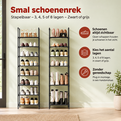 Praktische toepassing en keuzehulp voor smal schoenenrek