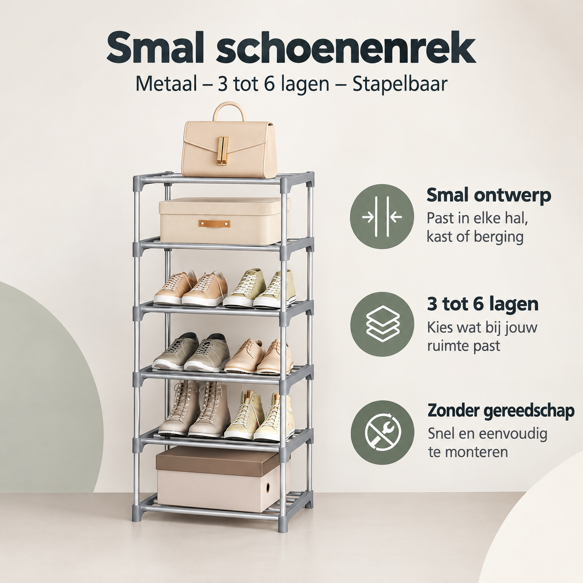 Overzicht van smal schoenenrek met de belangrijkste productvoordelen