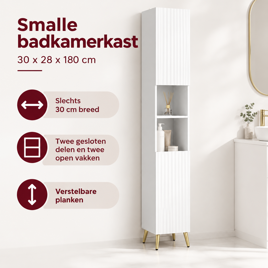 Smalle witte badkamerkast van BukkitBow met verstelbare planken, afmetingen 30x28x180 cm, ideaal voor kleine badkamers.