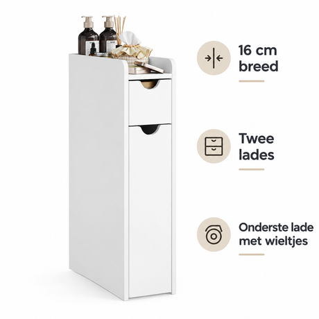 Smalle badkamerkast van BukkitBow, 16 cm breed met 2 lades, wit, geschikt voor kleine badkamers en opbergruimte.