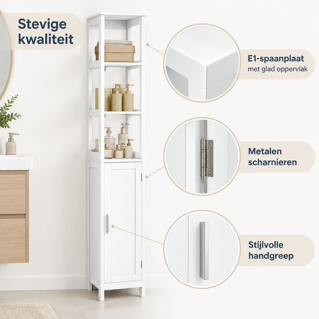 Detail van materiaal en afwerking van smalle badkamerkast