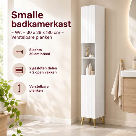 Witte smalle badkamerkast van BukkitBow met verstelbare planken, 30x28x180 cm, ideaal voor compacte badkamers.