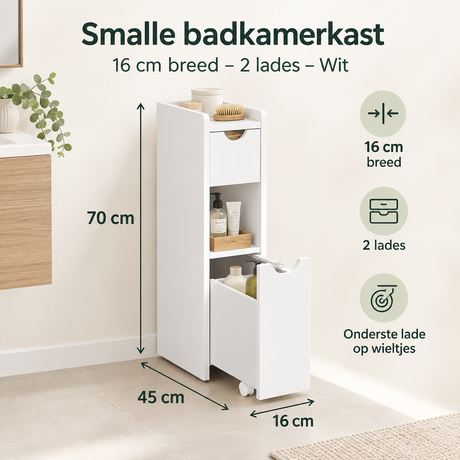 Witte badkamerkast van BukkitBow, smal model van 16 cm breed met 2 lades, geschikt voor compacte badkamers.