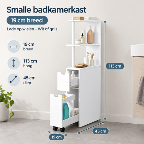 Witte of grijze smalle badkamerkast van BukkitBow, 19 cm breed met lade op wielen, ideaal voor kleine badkamers.