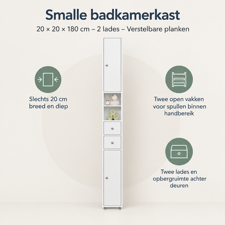 Overzicht van smalle badkamerkast met de belangrijkste productvoordelen