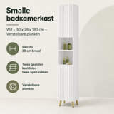 Smalle witte badkamerkast van BukkitBow met verstelbare planken en afmetingen 30x28x180 cm, overzicht van kernvoordelen.
