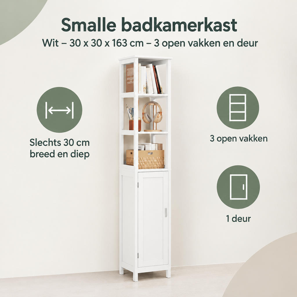 Overzicht van smalle badkamerkast met de belangrijkste productvoordelen