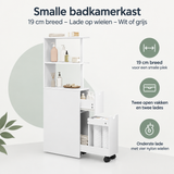 Overzicht van smalle badkamerkast met de belangrijkste productvoordelen