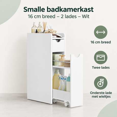 Witte badkamerkast van BukkitBow, smal ontwerp van 16 cm breed met 2 lades, geschikt voor compacte badkamers.
