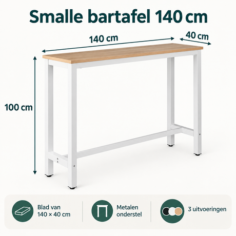 Afmetingen en productspecificaties van smalle bartafel 140 cm