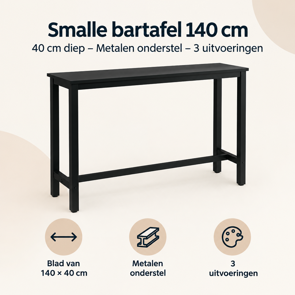 Overzicht van smalle bartafel 140 cm met de belangrijkste productvoordelen