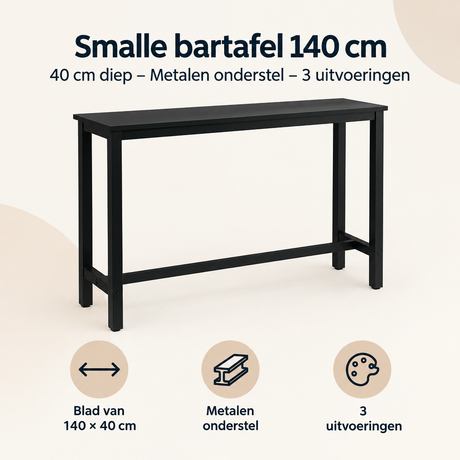 Overzicht van smalle bartafel 140 cm met de belangrijkste productvoordelen