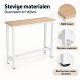 Detail van materiaal en afwerking van smalle bartafel