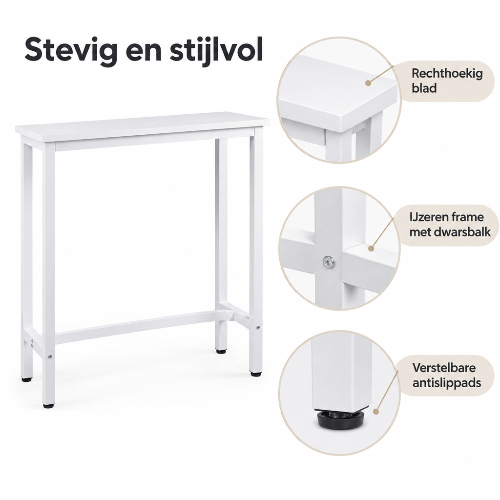 Detail van materiaal en afwerking van smalle bartafel