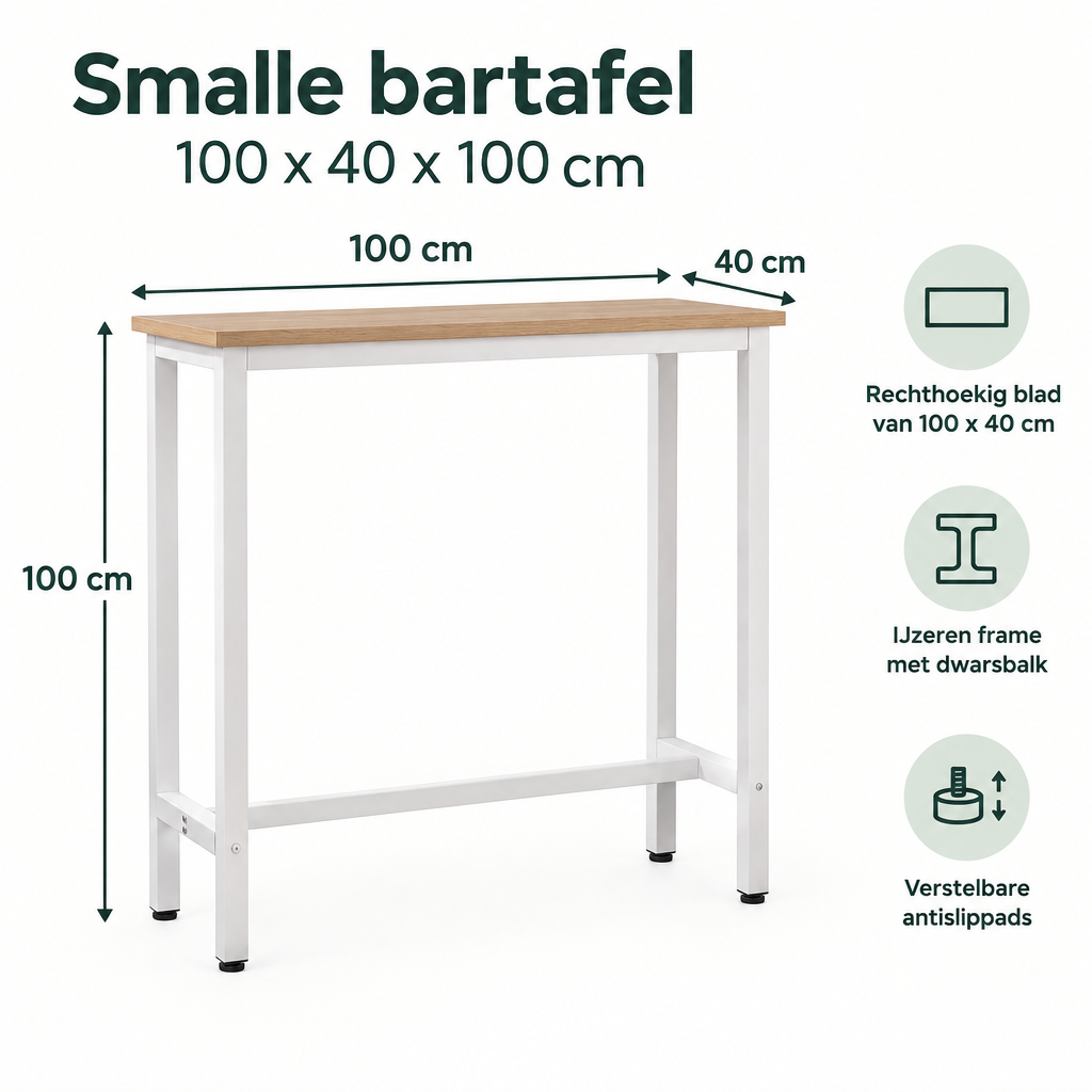 Afmetingen en productspecificaties van smalle bartafel