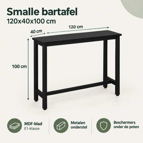 Afmetingen en productspecificaties van smalle bartafel
