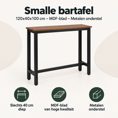 Overzicht van smalle bartafel met de belangrijkste productvoordelen