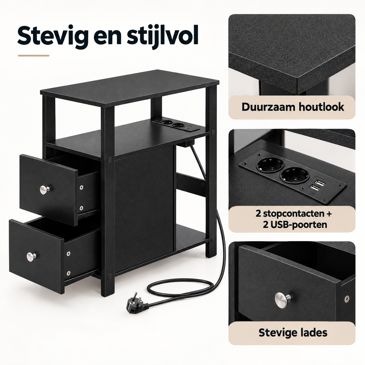 Detail van materiaal en afwerking van smalle bijzettafel