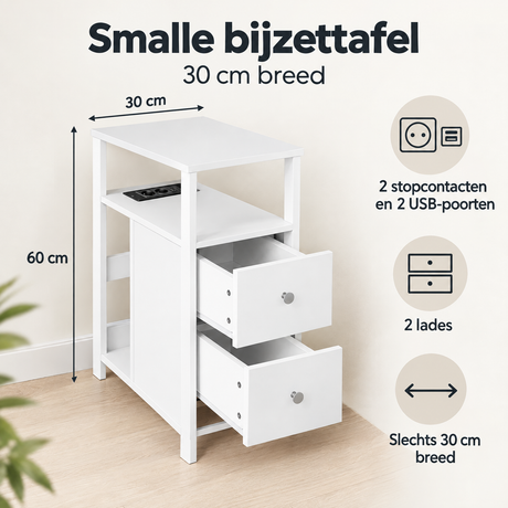 Afmetingen en productspecificaties van smalle bijzettafel