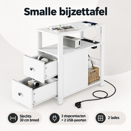 Overzicht van smalle bijzettafel met de belangrijkste productvoordelen