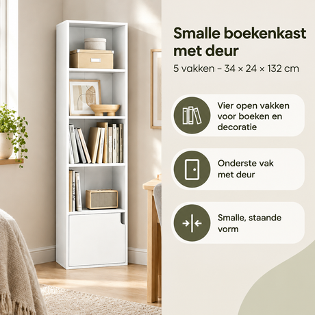 Smalle boekenkast met deur van BukkitBow, 5 vakken, afmetingen 34x24x132 cm, ideaal voor boeken en opslag.