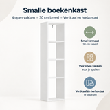 Overzicht van smalle boekenkast met de belangrijkste productvoordelen