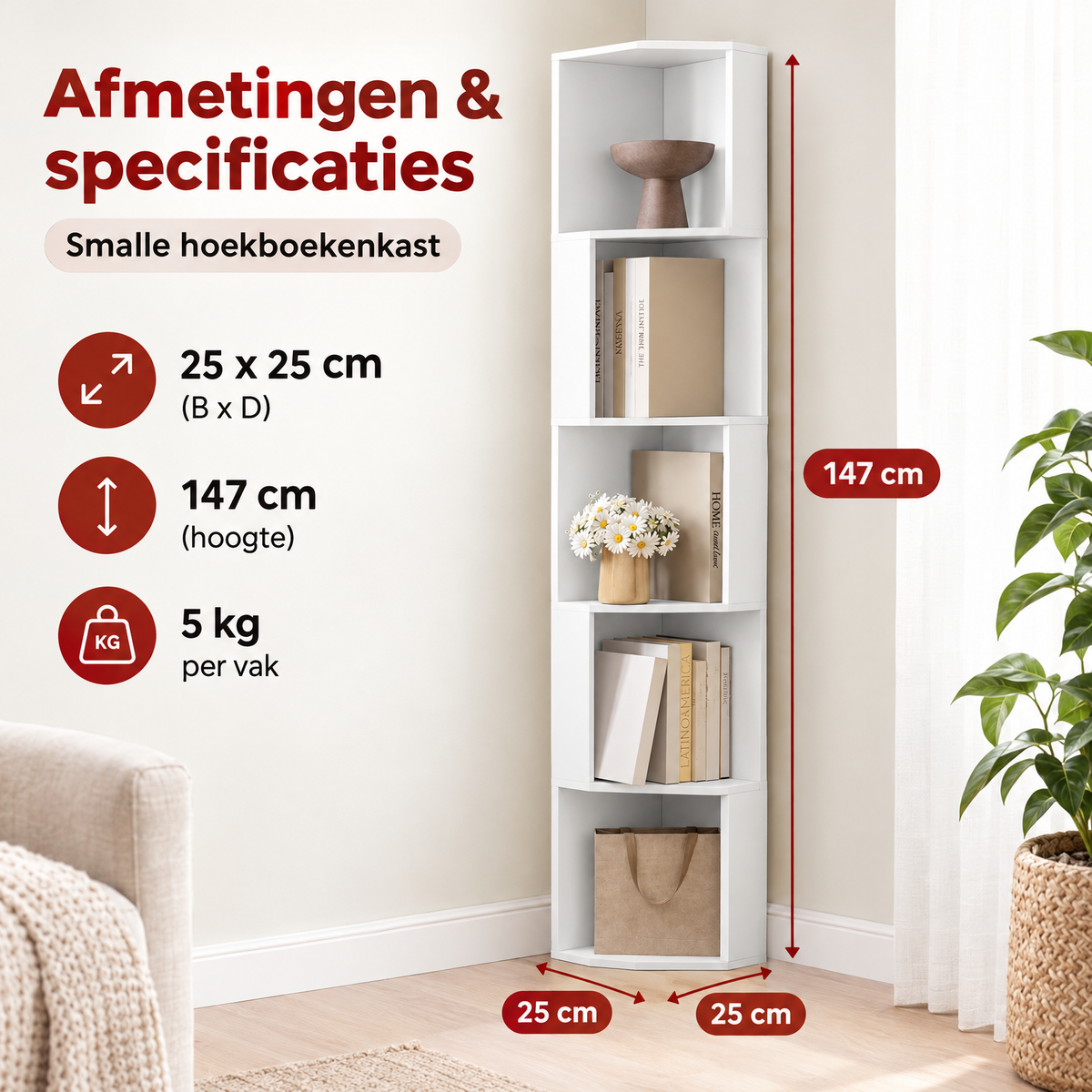 Afmetingen en productspecificaties van smalle hoekboekenkast