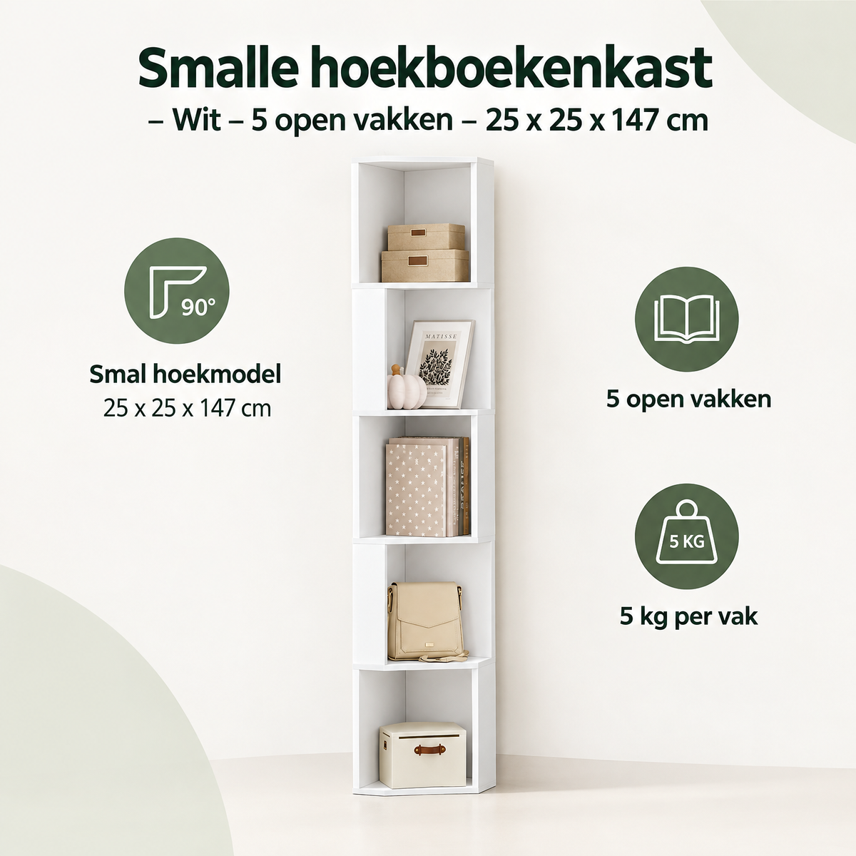 Overzicht van smalle hoekboekenkast met de belangrijkste productvoordelen