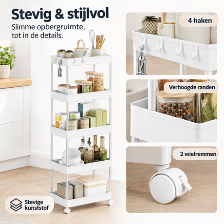 Detail van materiaal en afwerking van smalle keukentrolley