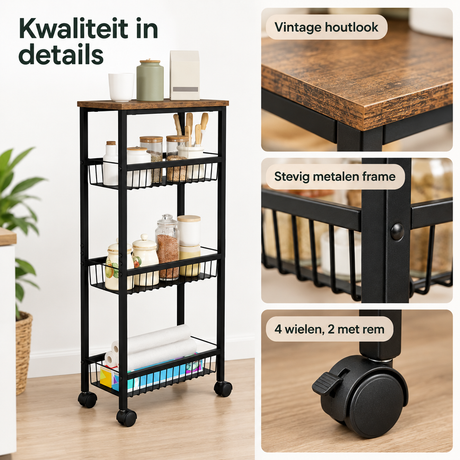 Detail van materiaal en afwerking van smalle keukentrolley