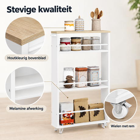 Detail van materiaal en afwerking van smalle keukentrolley