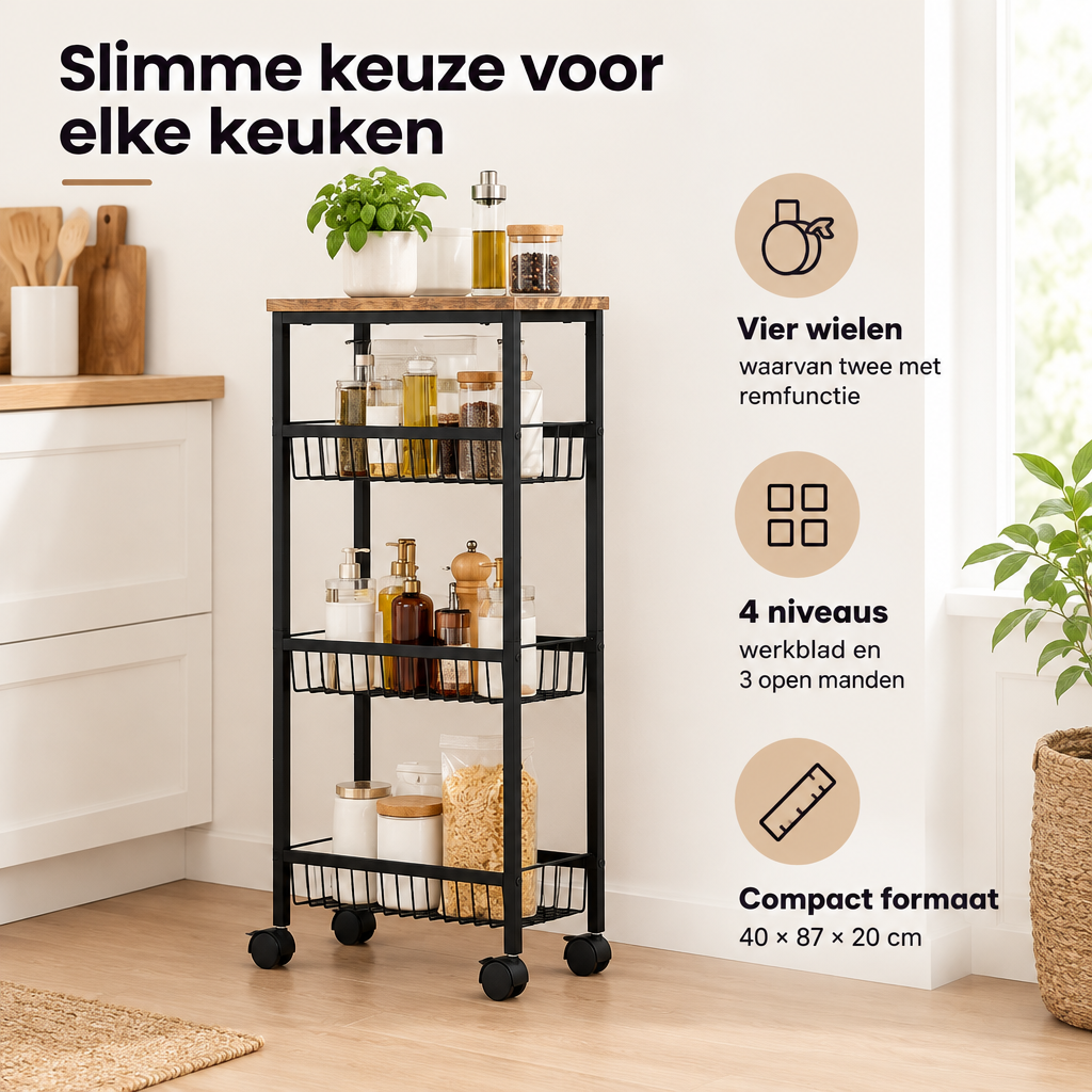 Praktische toepassing en keuzehulp voor smalle keukentrolley
