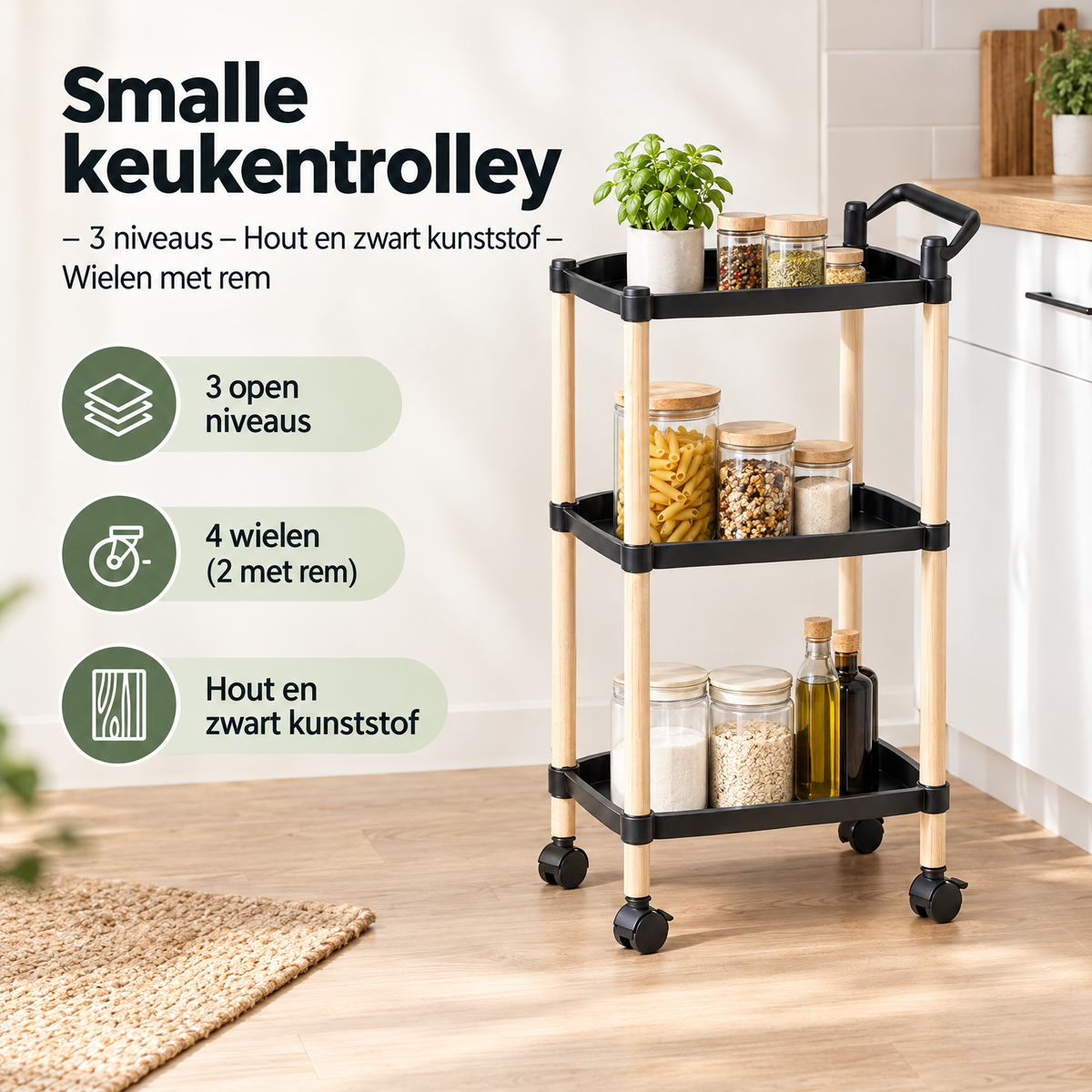 Praktische toepassing en keuzehulp voor smalle keukentrolley
