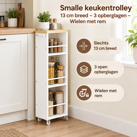 Praktische toepassing en keuzehulp voor smalle keukentrolley