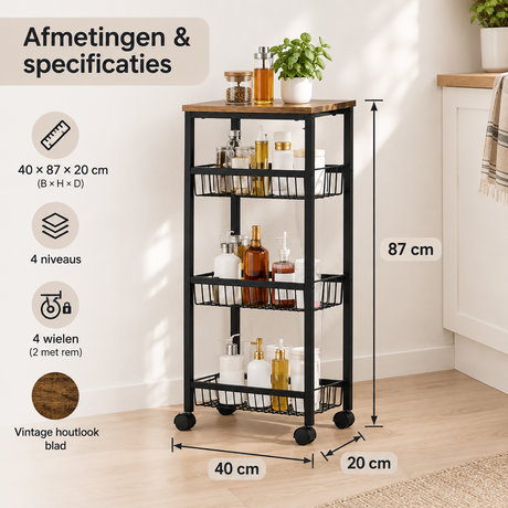Afmetingen en productspecificaties van smalle keukentrolley