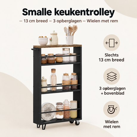 Overzicht van smalle keukentrolley met de belangrijkste productvoordelen