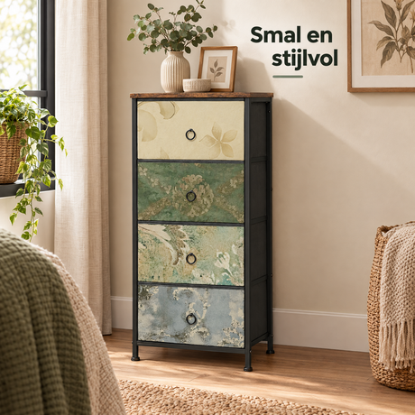 Smalle BukkitBow ladekast met 4 stoffen laden en vintage bloemenmotief, 45 cm breed, geschikt voor woonkamer of slaapkamer.