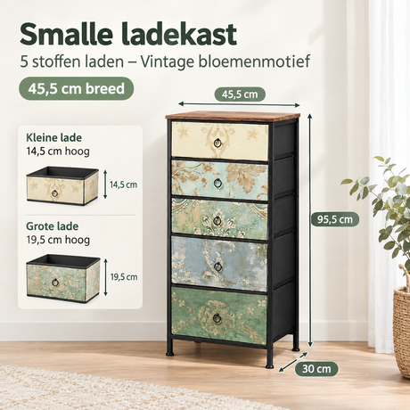 Smalle BukkitBow ladekast met vijf stoffen laden en vintage bloemenmotief, 45,5 cm breed, stijlvolle opbergoplossing.
