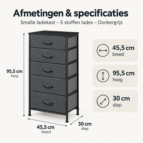 Afmetingen en productspecificaties van smalle ladekast