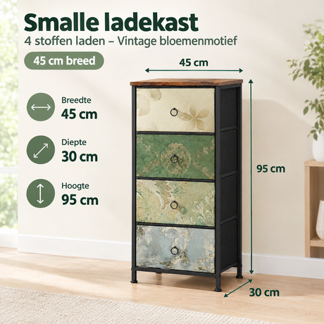 Smalle BukkitBow ladekast met vier stoffen laden en vintage bloemenmotief, breedte 45 cm, geschikt voor opbergruimte.
